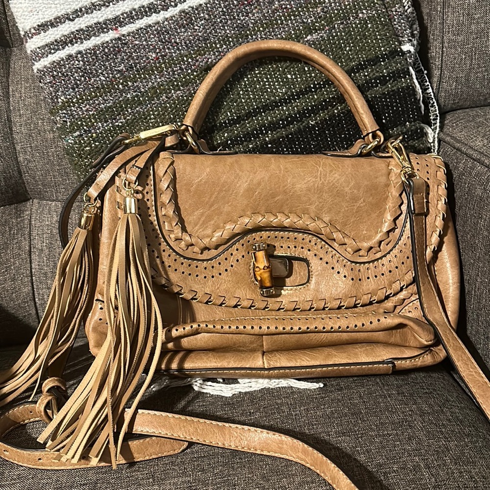 Camel Tan Brown crossbody satchel style bag